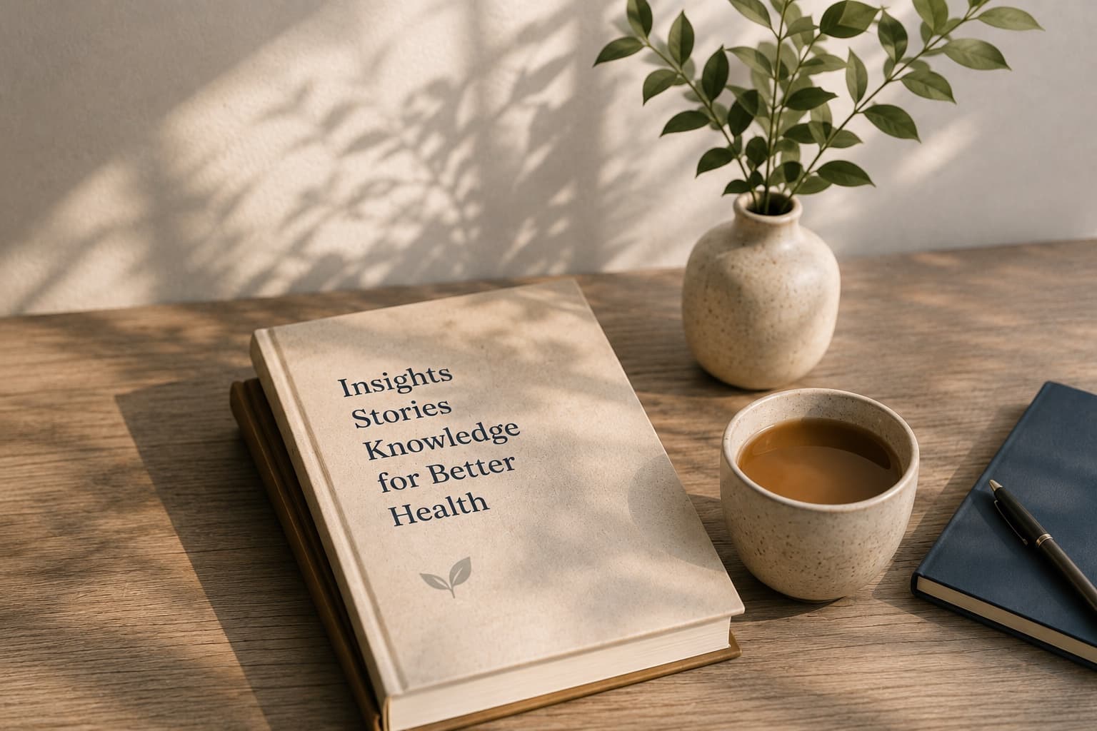 A book titled Insights, Stories, Knowledge for Better Health resting on a sunlit desk beside a cup of coffee